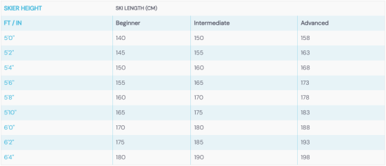 men’s ski sizing chart